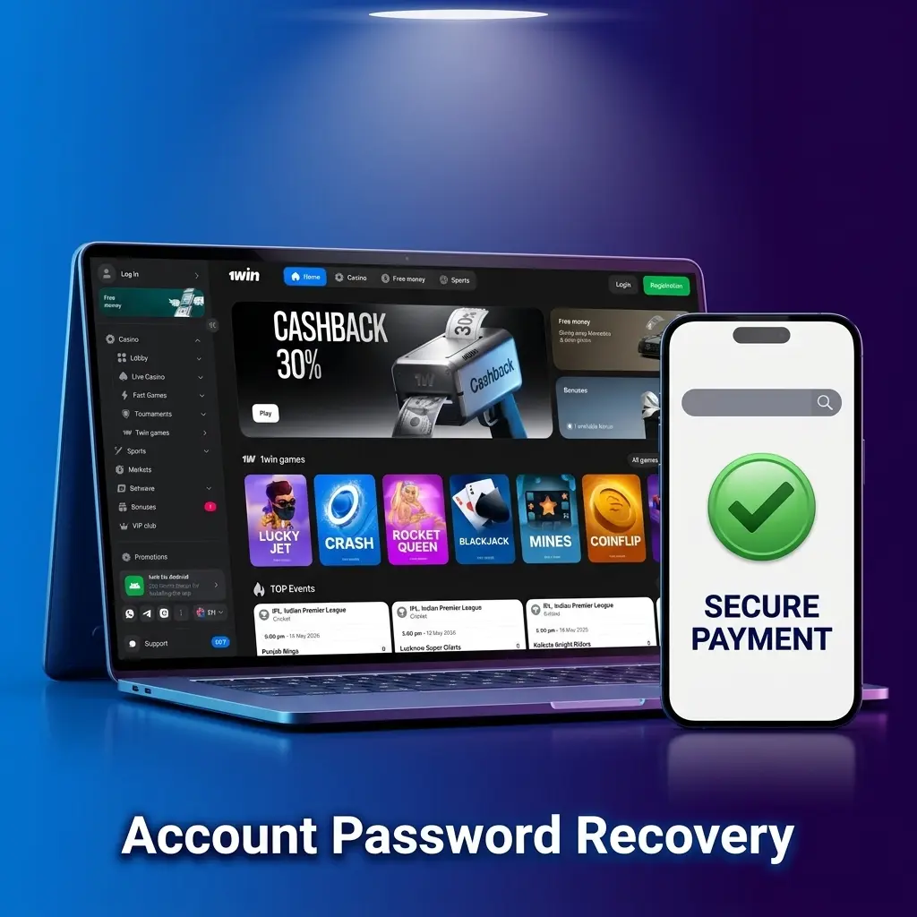1win account password recovery steps showing forgot password link, SMS OTP, email reset, and new password creation