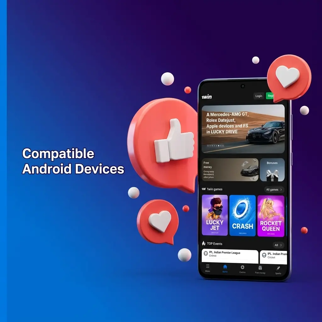 1win app compatible Android devices in India including Samsung, Redmi, Realme, POCO, OnePlus, Vivo, Oppo, iQOO