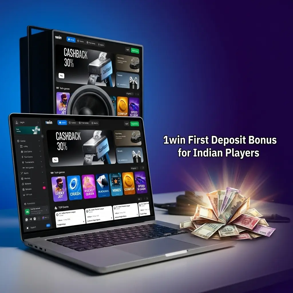 1win four-tier welcome bonus for Indian players showing deposit percentages from 130% to 170% with ₹300 minimum deposit
