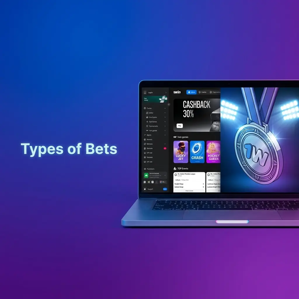 1win bet types overview showing Single, Express, System, Chain, and Anti-Express options for sports and eSports wagering