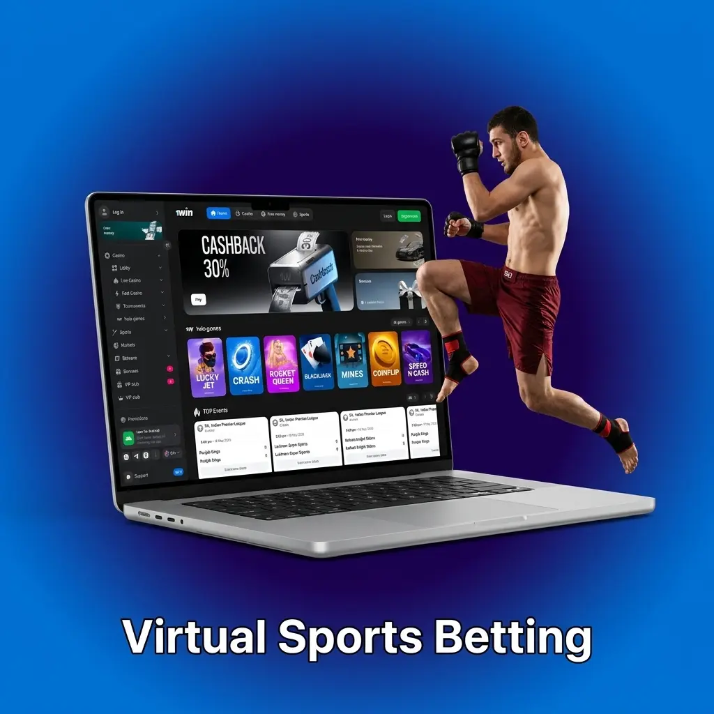 Virtual sports betting on 1win showing cricket, football, horse racing and basketball simulation options for Indian players