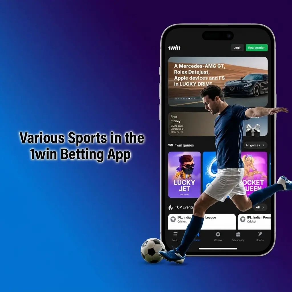 1win betting app sports selection showing cricket football tennis basketball kabaddi esports and 30 disciplines for live wagering